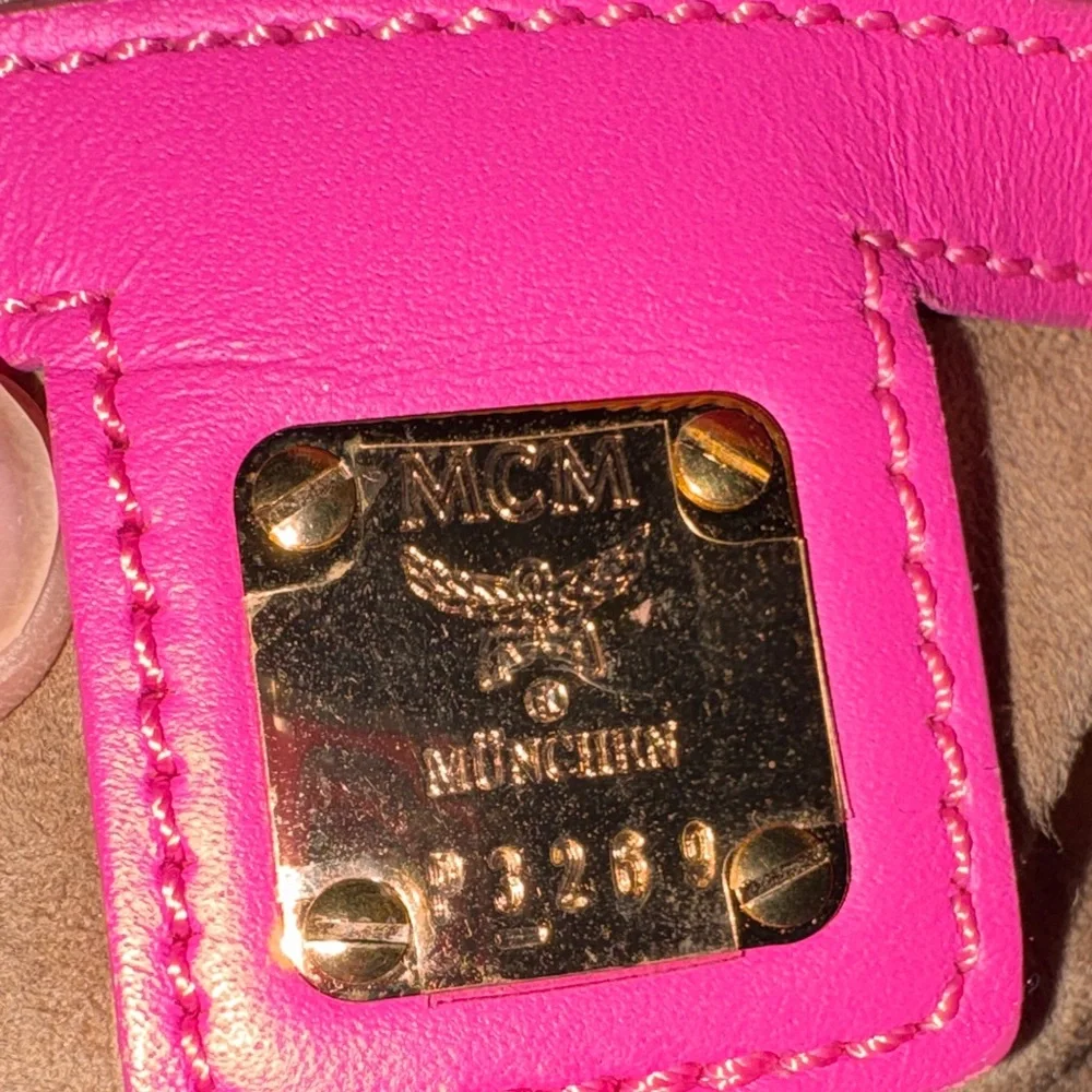 MCM White Satchel with Pink Handles and Multicolor Stripe